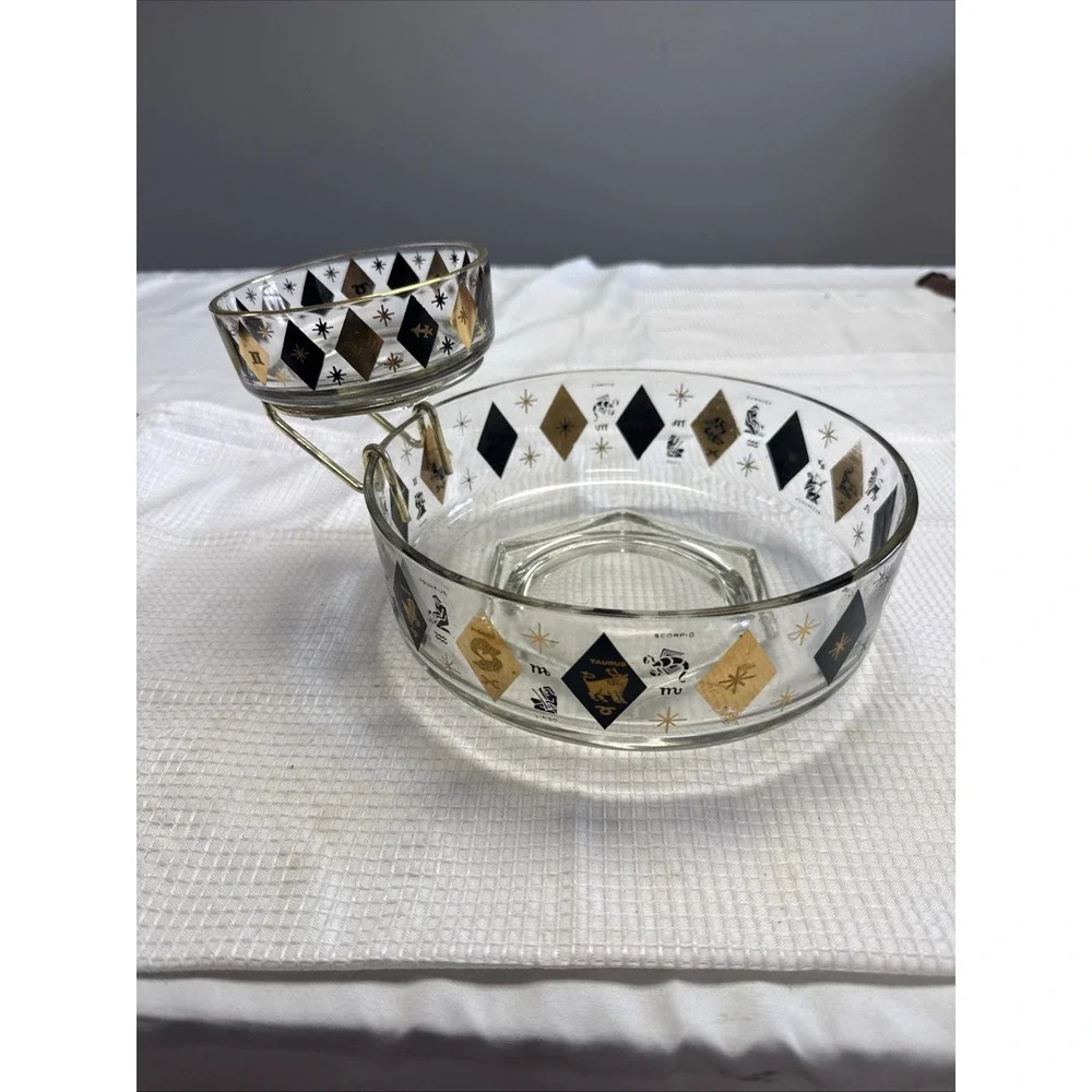 3 Pc Set VTG MCM Federal Zodiac Harlequin Diamond Black 22kt Gold Bowls Chip Dip